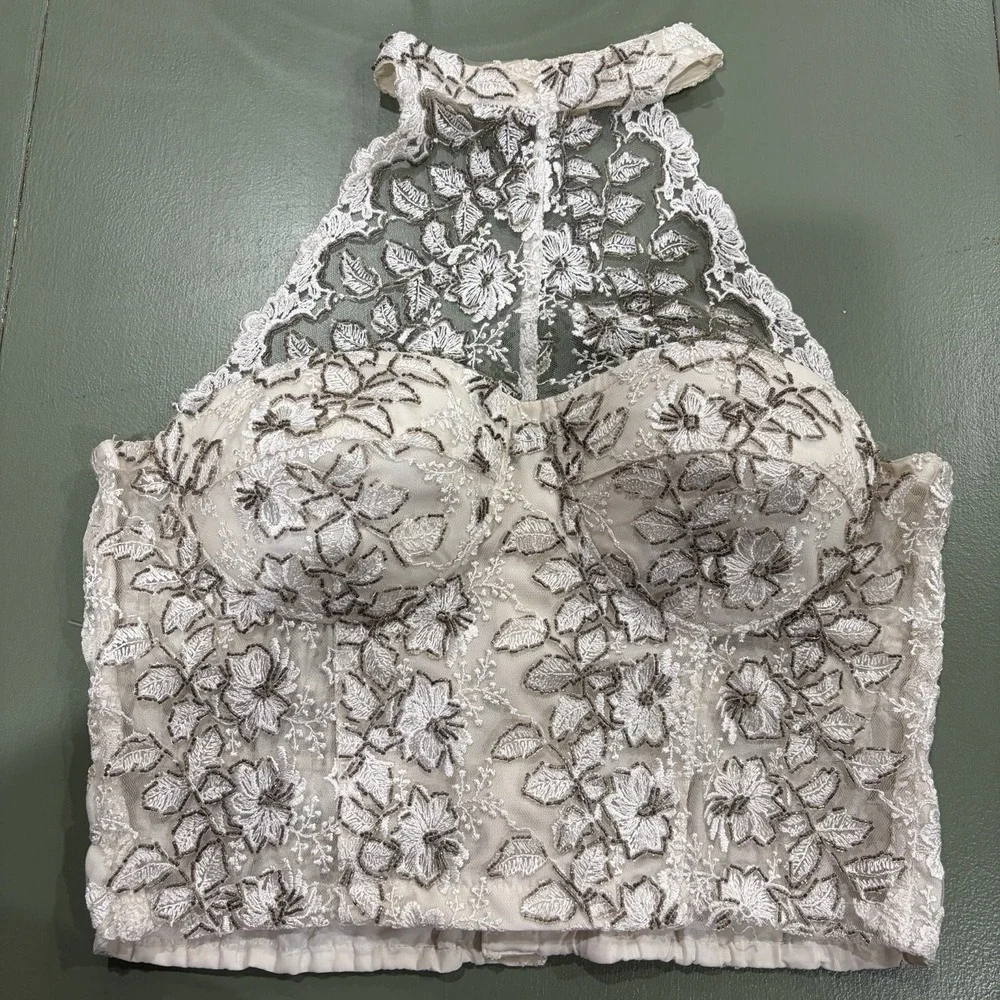 Fashion‎ Fantasy Bustier White Halter Beaded Leaves Floral Funky Vintage